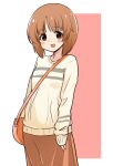  1girl bag bangs brown_eyes brown_hair brown_skirt carrying casual commentary eyebrows_visible_through_hair girls_und_panzer handbag long_sleeves looking_at_viewer nasunael nishizumi_miho open_mouth short_hair skirt sleeves_past_wrists smile solo standing sweater yellow_sweater 
