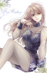  1girl blonde_hair buttons collared_shirt commentary_request feet_out_of_frame fishnet_pantyhose fishnets flower fullmetal_alchemist hair_between_eyes hana_930 highres long_hair looking_at_viewer open_mouth pantyhose riza_hawkeye see-through see-through_sleeves shirt sitting skirt smile solo 