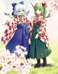  2girls blue_eyes blue_hair blue_hakama boots bow brown_footwear cirno daiyousei fairy_wings flower grass green_eyes green_hair green_hakama hair_bow hair_flower hair_ornament hakama ice ice_wings japanese_clothes multiple_girls open_mouth short_hair side_ponytail smile tomobe_kinuko touhou wide_sleeves wings 