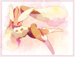  animal_ears border brown_fur colored_sclera furry heart loki_(regulus_1111) looking_at_viewer lop_rabbit_ears lopunny pokemon pokemon_(creature) rabbit rabbit_ears red_border red_eyes yellow_fur 