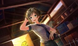  1girl after_rain arm_up armband barn black-framed_eyewear blue_necktie bucket camera cinderella_series cowboy_shot dutch_angle eyewear_on_head film_grain flower_pot game_cg glasses green_eyes green_hair grey_skirt hachigatsu_no_cinderella_nine hand_in_own_hair highres hoe indoors light_particles light_rays nakano_ayaka necktie non-web_source official_art open_mouth over-rim_eyewear plaid_clothes plaid_skirt pleated_skirt round_eyewear sailor_collar school_uniform semi-rimless_eyewear serafuku shirt short_hair short_sleeves shovel skirt solo standing sunbeam sunlight teeth upper_teeth_only wet white_sailor_collar white_shirt wooden_door wooden_wall 