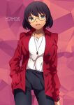  1girl 9s0ykoyama117 absurdres bangs bespectacled black_pants bob_cut brown_hair casual character_name commentary_request copyright_name cowboy_shot dark_skin eyebrows_visible_through_hair girls_und_panzer glasses green_eyes grey-framed_eyewear hand_in_pocket highres hoshino_(girls_und_panzer) jacket jewelry long_sleeves looking_at_viewer necklace open_clothes open_jacket open_mouth pants partial_commentary purple_background red_jacket semi-rimless_eyewear shirt short_hair smile solo standing under-rim_eyewear white_shirt 