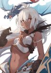  1girl absurdres ahoge armor bare_shoulders boobplate brown_gloves commentary_request dark_skin dark-skinned_female dragon gloves granblue_fantasy hand_up highres long_hair looking_to_the_side midriff open_mouth red_eyes serious simple_background solo_focus toned upper_body white_background white_hair xiukukkii zooey_(granblue_fantasy) 