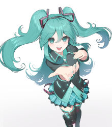  1girl absurdres alternate_hairstyle aqua_eyes aqua_hair aqua_nails aqua_skirt aqua_trim black_headphones black_jacket boots collared_jacket commentary feet_out_of_frame from_above gradient_background hair_between_eyes hair_ribbon hand_on_own_chest hatsune_miku hatsune_miku_(if) headphones highres jacket leg_up long_hair long_sleeves looking_at_viewer nami-h open_mouth outstretched_arm plaid_clothes plaid_skirt pleated_skirt reaching reaching_towards_viewer ribbon simple_background skirt smile standing standing_on_one_leg striped_ribbon thigh_boots two_side_up undershirt very_long_hair vocaloid 