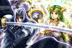  1boy 1girl blue_eyes collarbone feathers final_fantasy final_fantasy_vii green_eyes green_hair grey_hair holding holding_staff holding_sword holding_weapon katana kicdon kid_icarus kid_icarus_uprising masamune_(ff7) palutena sephiroth single_wing staff super_smash_bros. sword weapon white_wings wings 