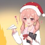  .live 000_(jicasoe) 1girl absurdres book collarbone commentary_request fire hair_between_eyes hair_ornament hat highres kitakami_futaba low_twintails medium_hair open_mouth paper_airplane pink_hair red_eyes santa_hat school_uniform simple_background solo twintails virtual_youtuber 