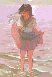  1girl absurdres brown_hair closed_eyes clouds english_commentary facing_viewer floating_hair highres long_hair neck_ribbon ocean original outdoors pleated_skirt ribbon sailor_collar school_uniform serafuku shirt short_sleeves skirt skirt_hold sky smile solo standing sun sunset tamomoko wading water white_shirt 