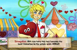 1boy androgynous antennae artist_name blonde_hair blue_eyes blush brown_pants character_name collared_shirt dialogue_box english_text freckles heart heart_antennae highres humanization looking_at_viewer necktie outdoors pants percodine red_necktie shirt short_hair short_sleeves solo spongebob_squarepants spongebob_squarepants_(character) spongebob_squarepants_(series) tent white_shirt
