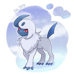  025sakura393 absol border bright_pupils claws closed_mouth commentary_request full_body highres no_humans pokedex_number pokemon pokemon_(creature) red_eyes smile solo standing white_border white_fur white_pupils 