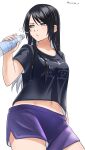  1girl alternate_costume alternate_hairstyle apex_legends black_shirt blue_eyes bottle breasts highres holding holding_bottle long_hair medium_breasts navel nose_piercing open_mouth piercing purple_shorts shirt short_shorts shorts solo t-shirt twitter_username water_bottle wraith_(apex_legends) yuzuriha_reine 