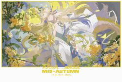  1girl absurdres arknights bare_shoulders blonde_hair border branch brown_hair colored_extremities commentary copyright_name dishaojiunengchi77294 dragon_girl dragon_horns dragon_tail earrings flower green_eyes hair_between_eyes highres horns jacket jewelry leaf light_smile long_hair long_sleeves looking_at_viewer lying multicolored_hair necklace off_shoulder on_back pants parted_lips plant pointy_ears purple_hair shu_(arknights) solo strapless symbol-only_commentary tail tube_top white_border white_hair white_jacket white_pants white_tube_top yellow_flower 