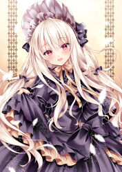  1girl :d black_bow black_capelet black_dress blonde_hair blush bonnet bow brown_background brown_bow capelet commentary_request dress frilled_dress frills gradient_background hair_between_eyes hair_bow head_tilt long_hair long_sleeves looking_at_viewer nogi_takayoshi original puffy_long_sleeves puffy_sleeves red_eyes skirt_hold sleeves_past_wrists smile solo very_long_hair 