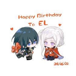  2girls armlet artuvia birthday black_footwear black_pantyhose black_shorts blue_eyes boots byleth_(female)_(fire_emblem) byleth_(fire_emblem) cape chibi chibi_only closed_mouth coat coat_on_shoulders collared_cape commentary_request commission couple crop_top dated dated_commentary detached_collar dress edelgard_von_hresvelg fire_emblem fire_emblem:_three_houses flower green_hair grey_coat hair_between_eyes hand_up head_tilt heart highres holding holding_flower index_finger_raised jewelry long_hair long_sleeves looking_at_another looking_to_the_side multiple_girls pantyhose parted_bangs ponytail red_cape red_dress red_flower red_rose rose shorts side_ponytail simple_background spoken_heart standing sxnhinata violet_eyes wavy_hair white_background white_hair yuri 