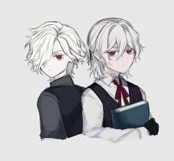  2boys aged_down antonio_salieri_(fate) antonio_salieri_(second_ascension)_(fate) black_gloves black_ribbon black_vest book child closed_mouth collared_shirt cropped_torso cross-shaped_pupils empty_eyes expressionless fate/grand_order fate_(series) frown gloves grey_background grey_hair grey_shirt hair_between_eyes hair_intakes hair_over_one_eye hair_ribbon half_updo highres holding holding_book long_sleeves male_focus multiple_boys neck_ribbon pale_skin red_eyes red_ribbon ribbon ringed_eyes shirt simple_background striped_clothes striped_vest sumi_(gfgf_045) symbol-shaped_pupils the_count_of_monte_cristo_(fate) vertical-striped_clothes vertical-striped_vest vest white_hair white_shirt wing_collar 