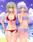  2girls bandeau beach bikini breasts eyebrows_visible_through_hair green_hair grey_eyes hinohikari kazami_yuuka large_breasts letty_whiterock medium_breasts multiple_girls o-ring o-ring_bottom ocean one_eye_closed red_bikini red_eyes see-through_skirt silver_hair skirt smile strap_pull strapless swimsuit swimwear thigh_gap touhou under_boob wet white_headwear 