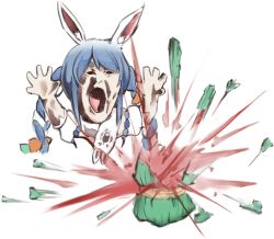  1girl animal_ear_fluff animal_ears ash_baby_(meme) blue_hair braid carrot_hair_ornament cropped_torso don-chan_(usada_pekora) exploding_watermelon_challenge food food-themed_hair_ornament frostyjeiik fruit hair_ornament hands_up hashtag-only_commentary highres hollow_eyes hololive long_hair meme multicolored_hair open_mouth rabbit_ears rabbit_girl rubber_band scarf simple_background solo thick_eyebrows twin_braids two-tone_hair usada_pekora usada_pekora_(1st_costume) virtual_youtuber watermelon white_background white_hair white_scarf 