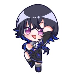  1girl :3 :d arm_up black_footwear black_hair black_jacket black_outline blue_hair blush chibi chibi_only clenched_hands commentary cropped_shirt cross-laced_footwear crossed_bangs eyes_visible_through_hair full_body fur-trimmed_jacket fur_trim hashtag-only_commentary highres ichinose_uruha ichinose_uruha_(4th_costume) jacket lapels leg_up long_hair long_sleeves lupinus_virtual_games multicolored_hair notched_lapels open_mouth outline patipafu pink_eyes pleated_skirt purple_skirt shirt simple_background skirt smile solo standing standing_on_one_leg streaked_hair thick_eyelashes virtual_youtuber vspo! white_background white_shirt wolf_cut 