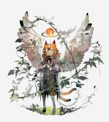  1girl ahoge animal_ears bird black_dress black_footwear blue_eyes center-flap_bangs chinese_commentary closed_mouth coat commentary_request dated double-parted_bangs double_bun dove dress full_body hair_bun hair_ornament halo highres leopard_ears leopard_girl leopard_tail long_sleeves mary_janes medium_hair multiple_tails open_clothes open_coat orange_hair orange_halo original own_hands_together see-through see-through_coat shoes socks solo tail tassel two_tails vihua6 white_bird white_socks white_wings wings x_hair_ornament 