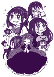  6+girls akemi_homura akemi_homura_(black_dress) akuma_homura bare_shoulders blush bow bowtie braid candy closed_eyes closed_mouth collared_dress collared_shirt commentary_request cover cover_page cracked_skin creature cropped_legs despair dot_nose doujin_cover dress dual_persona elbow_gloves empty_eyes expressionless eyelashes fingernails flower food frilled_dress frilled_sleeves frills frown furrowed_brow gem glasses gloves hair_bow hairband hand_on_own_head happy head_wreath high_collar holding holding_candy holding_creature holding_food holding_gem holding_lollipop jack-o&#039;-lantern juliet_sleeves kyubey lace-trimmed_sleeves lace_trim lollipop long_dress long_hair long_sleeves low_twin_braids mahou_shoujo_madoka_magica mahou_shoujo_madoka_magica:_hangyaku_no_monogatari mitakihara_school_uniform monochrome multiple_girls one_eye_closed open_mouth own_hands_clasped own_hands_together parted_lips praying puffy_sleeves pumpkin_hat purple_theme school_uniform shirt simple_background sleeves_past_elbows smile soul_gem sparkle spider_lily straight_hair studded_hairband swirl_lollipop twin_braids very_long_hair white_background wrist_cuffs yuzuno_nana 