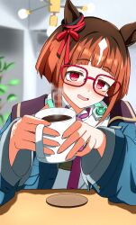  1girl absurdres animal_ears blue_jacket blurry blurry_background blush brown_hair coffee coffee_mug collared_shirt commentary_request cup glasses headphones headphones_around_neck highres holding holding_cup horse_ears horse_girl indoors jacket long_sleeves looking_at_viewer mug necktie open_clothes open_jacket open_mouth purple_necktie red-framed_eyewear red_eyes shirt short_hair solo steam table transcend_(umamusume) umamusume white_shirt y_k_(user_maxh5525) 