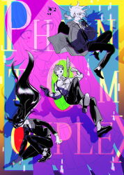  1girl 3boys ahoge black_jacket black_pants collared_shirt danganronpa_(series) danganronpa_2:_goodbye_despair danganronpa_3_(anime) formal galaga goku_suzume green_jacket gun hair_ornament handgun heterochromia highres hinata_hajime holding holding_gun holding_weapon jacket kamukura_izuru komaeda_nagito long_hair looking_at_viewer medium_hair miniskirt multiple_boys nanami_chiaki necktie open_mouth pants pleated_skirt ponytail shirt shoes short_hair skirt very_long_hair weapon white_shirt 