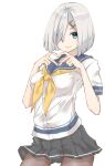  1girl bangs black_legwear black_skirt blue_eyes blue_sailor_collar breasts closed_mouth hair_ornament hair_over_one_eye hairclip hamakaze_(kancolle) heart heart_hands kantai_collection large_breasts neckerchief neve pantyhose pleated_skirt sailor_collar school_uniform serafuku short_hair short_sleeves silver_hair simple_background skirt solo white_background yellow_neckwear 