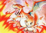  breathing_fire brown_eyes charizard charmander claws colored_pencil_(medium) commentary_request fangs fire gen_1_pokemon leaning_forward legs_apart no_humans open_mouth pokemon pokemon_(creature) ray_0_zero standing tongue traditional_media 