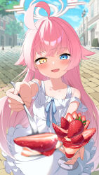  1girl absurdres ahoge bare_shoulders blue_archive blue_ribbon blush clouds commentary_request dress feeding giving_food glass halo highres hoshino_(blue_archive) long_hair muu3_illust neck_ribbon open_mouth pink_hair pink_halo pov ribbon sky sleeveless smile solo spoon strawberry_parfait white_dress 