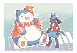  025sakura393 :d border claws closed_eyes clothed_pokemon commentary_request fangs hat highres jacket lucario open_mouth orange_hat orange_jacket outline pokemon pokemon_(creature) red_jacket sitting smile snorlax sparkle staff_(music) standing white_border 