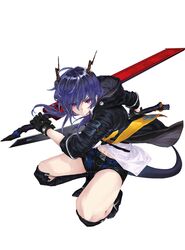  1girl absurdres arknights black_footwear black_gloves blue_hair ch&#039;en_(arknights) dragon_girl dragon_horns duang gloves highres holding holding_weapon horns jacket long_hair looking_at_viewer necktie red_eyes shorts solo sword tail weapon 