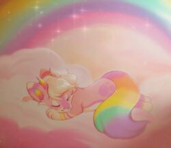  animal animal_focus closed_eyes clouds colorful commentary doekis highres horns lying no_humans original pastel_colors rainbow retro_artstyle sleeping smile solo sparkle symbol-only_commentary tail yume_kawaii 