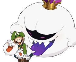  2boys blue_eyes blue_tongue boo_(mario) brown_hair colored_tongue crown evil_smile facial_hair gem ghost gloves hat highres intangible king_boo luigi luigi&#039;s_mansion luigi&#039;s_mansion:_dark_moon male_focus mimimi_(mimimim9999) multiple_boys mustache open_mouth overalls polterpup shirt short_hair smile super_mario_bros. teeth tongue tongue_out white_gloves 