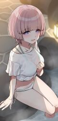  1girl :d absurdres arimura_mao bikini bikini_under_clothes blunt_bangs breasts commentary_request foot_bath gakuen_idolmaster go-1 highres idolmaster lantern large_breasts looking_at_viewer navel onsen pink_hair see-through shirt short_hair sitting smile solo swimsuit t-shirt thighs violet_eyes water white_shirt 