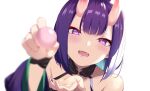  1girl bob_cut fate/grand_order fate_(series) highres horns looking_at_viewer oni_horns purple_hair shuten_douji_(fate) simple_background smile solo spider_apple upper_body white_background 
