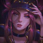 1girl akali black_background black_choker blue_eyes choker closed_mouth commentary gold_nails gradient gradient_background hand_up highres league_of_legends long_hair looking_at_viewer pink_hair portrait purple_headwear shiny shiny_hair shiny_skin simple_background solo solraka 