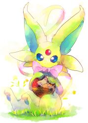  alternate_color animal_hands ball blue_eyes espeon forehead_jewel gem grass green_fur highres holding holding_ball large_ears loki_(regulus_1111) looking_at_viewer multiple_tails pawpads pokemon pokemon_(creature) purple_shirt red_gemstone shiny_pokemon shirt smile tail white_background 