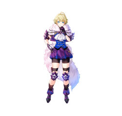  1girl absurdres ascot black_gloves blonde_hair blue_eyes blue_shirt boots fake_tail fire_emblem fire_emblem_engage fire_emblem_heroes full_body gloves hand_on_own_hip hand_up highres knee_pads looking_at_viewer merrin_(fire_emblem) miniskirt official_art purple_skirt shirt short_hair simple_background skirt smile solo standing tail white_ascot white_background wolf_tail 