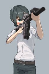  1girl absurdres aiming akts625 androgynous assault_rifle belt belt_buckle blue_eyes blurry blurry_foreground blush breasts brown_belt buckle commentary cowboy_shot dress_shirt green_hair green_pants grey_background gun hair_between_eyes highres holding holding_gun holding_weapon kino_(kino_no_tabi) kino_no_tabi no_coat no_jacket pants reflex_sight rifle romaji_commentary shirt short_hair sidelocks simple_background sleeves_rolled_up small_breasts tomboy trigger_discipline very_short_hair weapon weapon_request white_shirt 