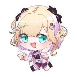  1girl :3 :d black_bow black_footwear black_shirt black_shorts blonde_hair blue_eyes bow chibi chibi_only collared_shirt colored_inner_hair commentary drawstring eyes_visible_through_hair fang full_body hair_bow hair_ornament hairclip hand_on_own_face hands_up heart heart_hair_ornament highres hood hood_down hooded_jacket iris_black_games jacket kurumi_noah kurumi_noah_(1st_costume) light_blush long_sleeves looking_to_the_side multicolored_hair neck_ribbon open_clothes open_jacket open_mouth parted_bangs patipafu pink_jacket pink_ribbon purple_hair ribbon running see-through see-through_skirt shirt short_hair shorts shorts_under_skirt sideways_glance simple_background skirt sleeveless sleeveless_shirt smile socks solo thick_eyelashes two_side_up v virtual_youtuber vspo! white_background white_shirt white_socks 