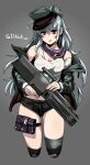  1girl assault_rifle asymmetrical_legwear bangs black_legwear black_shorts breasts brown_eyes character_name commentary cowboy_shot cropped_legs english_text frown g11_(girls_frontline) girls_frontline grey_background grey_headwear grey_jacket gun h&amp;k_g11 hat holding holding_gun holding_weapon jacket long_hair long_sleeves looking_at_viewer medium_breasts micro_shorts off_shoulder older over-kneehighs parted_lips rifle shirt shorts silver_hair solo standing tank_top thigh-highs thigh_pouch trigger_discipline weapon white_shirt yaruku 
