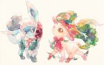  brown_eyes closed_mouth gen_4_pokemon glaceon hat hatted_pokemon leafeon looking_to_the_side no_humans oharu-chan orange_headwear orange_scarf paws pokemon pokemon_(creature) scarf smile standing toes walking white_background 