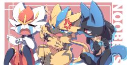  anger_vein animal_ears black_hair blue_eyes blush cat_ears cinderace claws controller crying fang furry game_controller highres holding lucario playing_games pokemon pokemon_(creature) rabbit_ears red_eyes sitting sweat syuya tail tears zeraora 