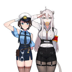  2girls ahoge armband black_hair black_shorts blue_eyes blue_shirt breasts cuffs dasdokter doughnut food gloves grey_eyes grey_hair grey_pantyhose handcuffs hat highres hololive large_breasts long_hair mouth_hold multiple_girls necktie oozora_subaru oozora_subaru_(8th_costume) pantyhose police police_hat police_uniform red_armband salute shirt shishiro_botan shishiro_botan_(button-down) short_hair shorts smile thigh-highs virtual_youtuber white_background white_gloves white_shirt 