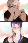  2boys archer_(fate) bespectacled blue_hair casual cu_chulainn_(fate)_(all) cu_chulainn_(fate/stay_night) dark_skin dark_skinned_male eating fate/stay_night fate_(series) fork glasses grey_eyes hair_down heart highres long_hair male_focus multiple_boys namahamu_(hmhm_81) red_eyes shirt spoken_heart spoken_squiggle squiggle t-shirt white_hair 