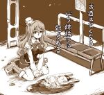  1girl bag bench breasts bus_stop commentary_request full_body greyscale hat kantai_collection long_hair medium_breasts mini_hat miniskirt mizumoto_tadashi monochrome plastic_bag pola_(kancolle) sepia sitting skirt solo spill thigh-highs translation_request wariza wavy_hair 