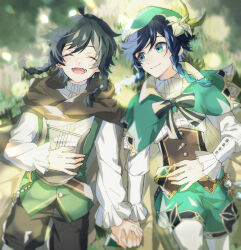  2boys androgynous aqua_eyes aqua_hair beret black_hair black_shorts braid capelet closed_eyes closed_mouth flower genshin_impact gradient_hair green_capelet green_hat green_shorts hair_ornament hat highres long_sleeves lying male_focus mizuamememe multicolored_hair multiple_boys nameless_bard_(genshin_impact) open_mouth shirt shorts smile twin_braids venti_(genshin_impact) white_flower white_shirt 