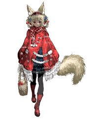  1girl absurdres animal_ear_fluff animal_ears basket black_dress black_pantyhose blonde_hair blue_flower boots bow braid braided_hair_rings chinese_commentary closed_mouth coat coat_bow collar commentary_request commission cross-laced_footwear dress expressionless flower fox_ears fox_girl fox_tail frilled_collar frills full_body hair_bow hair_flower hair_ornament hair_rings hairband highres holding holding_basket lace-trimmed_dress lace-trimmed_sleeves lace-up_boots lace_trim lolita_hairband long_sleeves medium_hair original pantyhose pom_pom_(clothes) red_bow red_coat red_eyes red_footwear simple_background solo tail vihua6 watermark white_background white_bow white_flower 