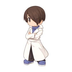  1boy blue_footwear blue_shirt brown_eyes brown_hair brown_pants chibi chibi_only closed_mouth coat crossed_arms full_body hair_between_eyes hair_over_one_eye lab_coat laboratory_intern long_bangs long_sleeves looking_at_viewer male_focus official_art pants ragnarok_online scientist shirt shoes short_hair simple_background smile solo split_mouth standing transparent_background turtleneck turtleneck_shirt white_coat yuichirou 