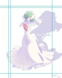  1girl bob_cut bridal_veil bride dress elbow_gloves gardevoir gloves green_hair highres mega_gardevoir mega_pokemon parted_lips pink_eyes pokemon pokemon_(creature) signature strapless strapless_dress v_arms veil white_dress white_gloves yaki_obake 