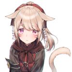  1girl :&lt; animal_ears bangs black_jacket blush cat_ears cat_girl cat_tail closed_mouth commentary ears_down eyebrows_visible_through_hair final_fantasy final_fantasy_xiv jacket light_brown_hair long_hair looking_at_viewer midorikawa_you miqo&#039;te ponytail simple_background solo symbol_commentary tail tail_raised upper_body violet_eyes whisker_markings white_background 
